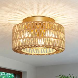 Rattan Light Fixtures Ceiling Mount, 3-Lights Boho Flush Mount Ceiling Light, Hand-Woven Cage Shade Lamp Lighting, Rustic Rattan Chandelier for Hallway Bedroom Kitchen Farmhouse Foyer Entryway (Small)
