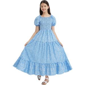 EXARUS Girls Maxi Long Smocked Dress Swiss Dot/Floral Teen Summer Dresses A-line Beach Casual Vacation Sundress 6Y