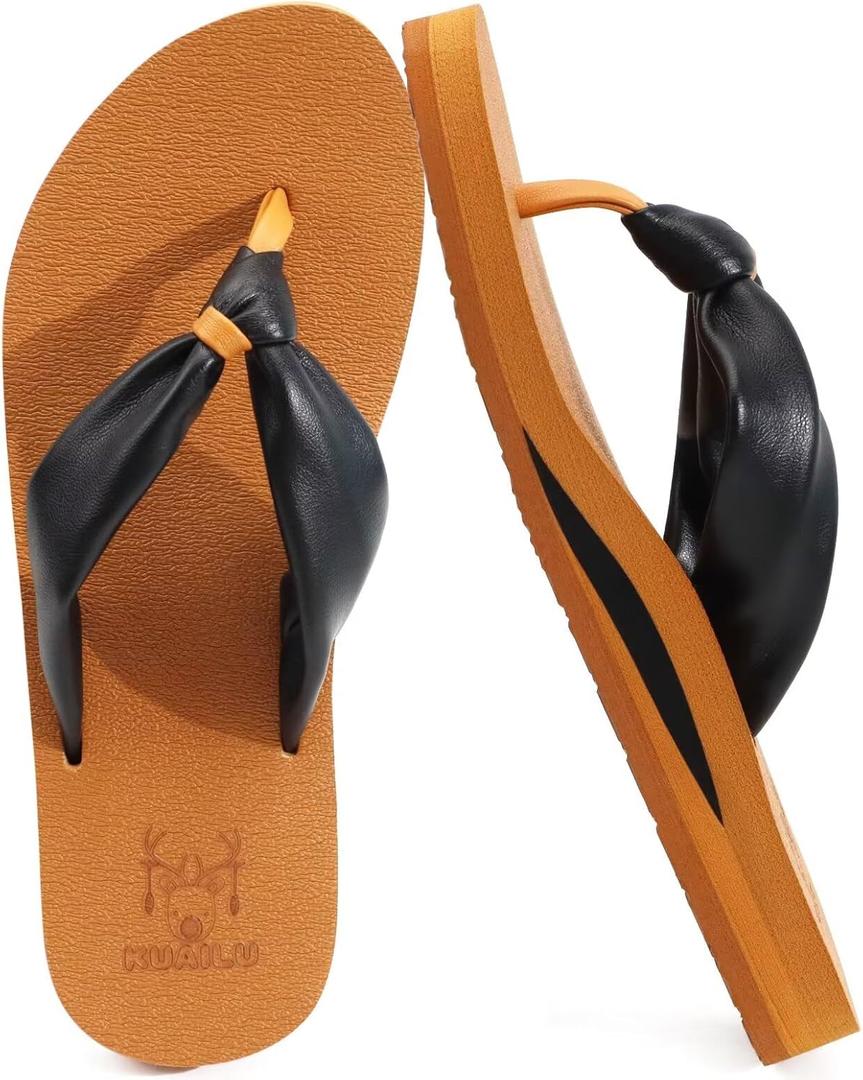 KuaiLu Womens Flip Flops With Arch Support Comfortable Yoga Mat Cushion Thong Leather Sandals for Ladies Fashion Slip On Summer Beach Walking Slides Indoor Outdoor Travel Orthotic Slippers