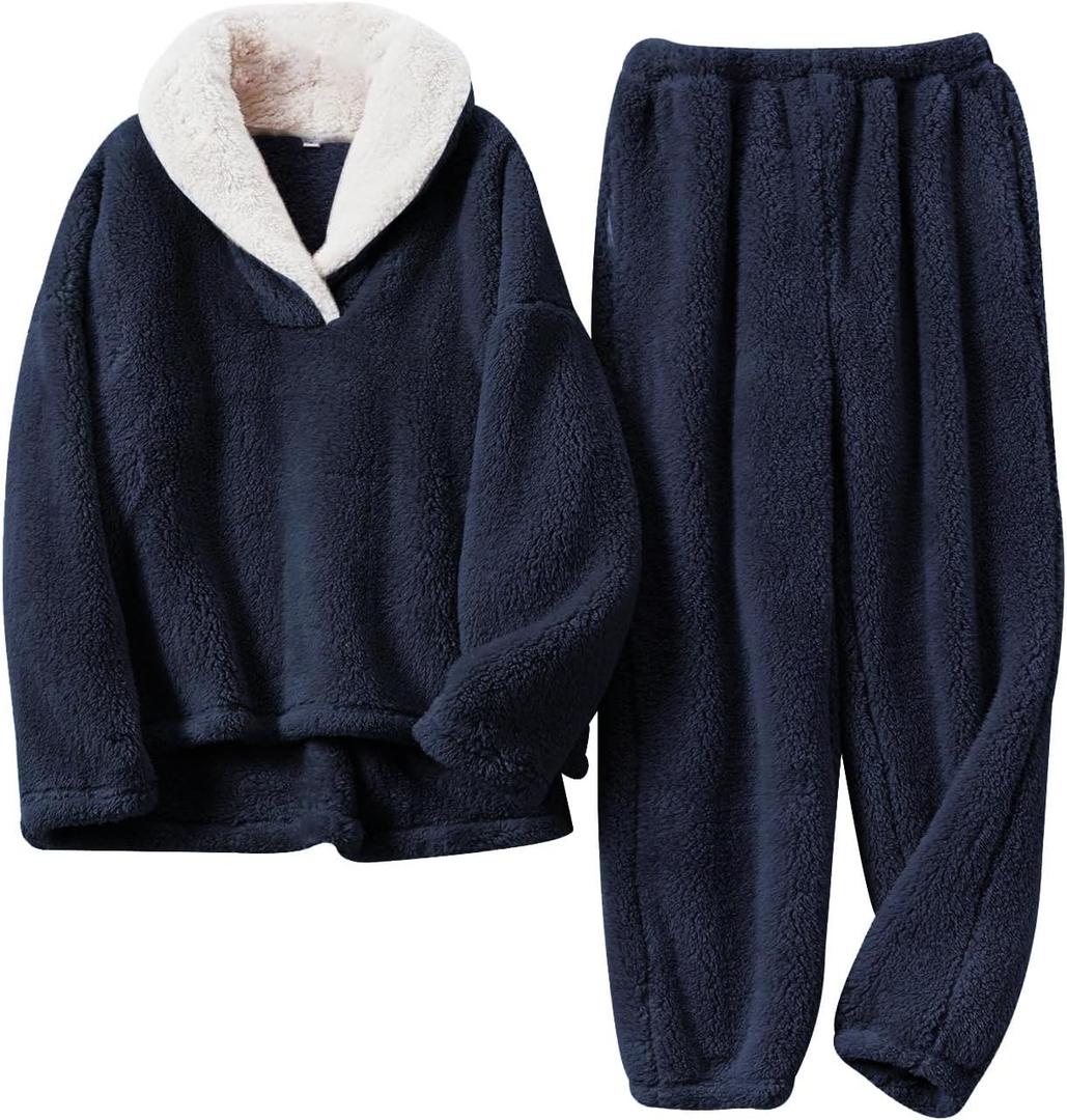 Arssm Mens Fluffy Pajamas Set 2 Piece Fleece Pjs Loose Plush Winter Warm Cozy Loungewear Sleepwear (Small, Darkblue)