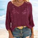 Saodimallsu Womens Crochet Cover Up Top Summer 3/4 Sleeve Off Shoulder Sweater Shirts Mesh Boho Beach Swimsuit Coverup (Red, L)