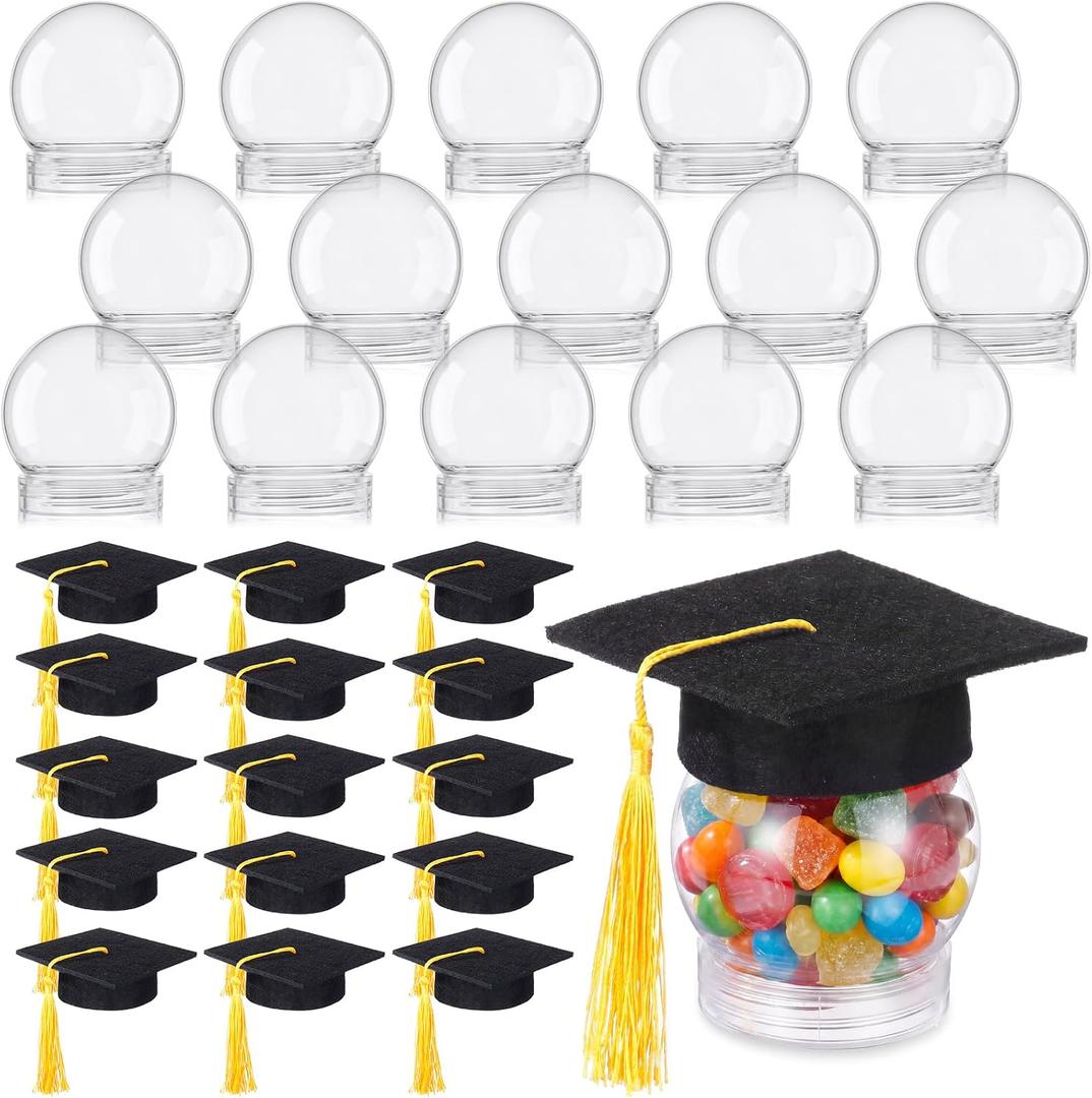 SiliFine 16 Set 2.36 Inch 2026 Mini Graduation Cap Candy Balls Jars, Graduation Party Favors, Clear Plastic Candy Containers with Tassels, Grad Cap Box for DIY, Graduations Party Gifts (Gold)