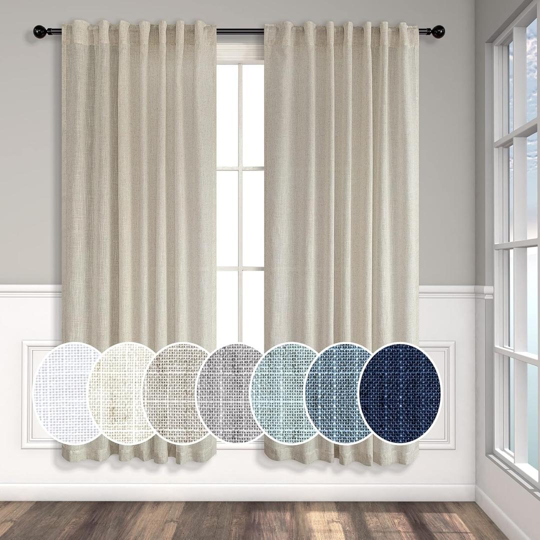 Beige Curtains 63 Inch Length for Bedroom Set of 2 Panels Back Tab Rod Pocket Sheer Linen Light Filter Neutral Rustic Farmhouse Curtains for Dining Room Bay Picture Window Country Decor 52x63 Long Tan