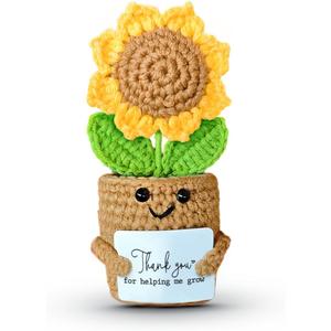 Mini Sunflower Thank You Gift for Teacher Boss Manager, Handmade Crochet Positive Plant with Card, Appreciation Gifts for Women, Cute Small Desk Decor, End of School Year Christmas Graduation Present