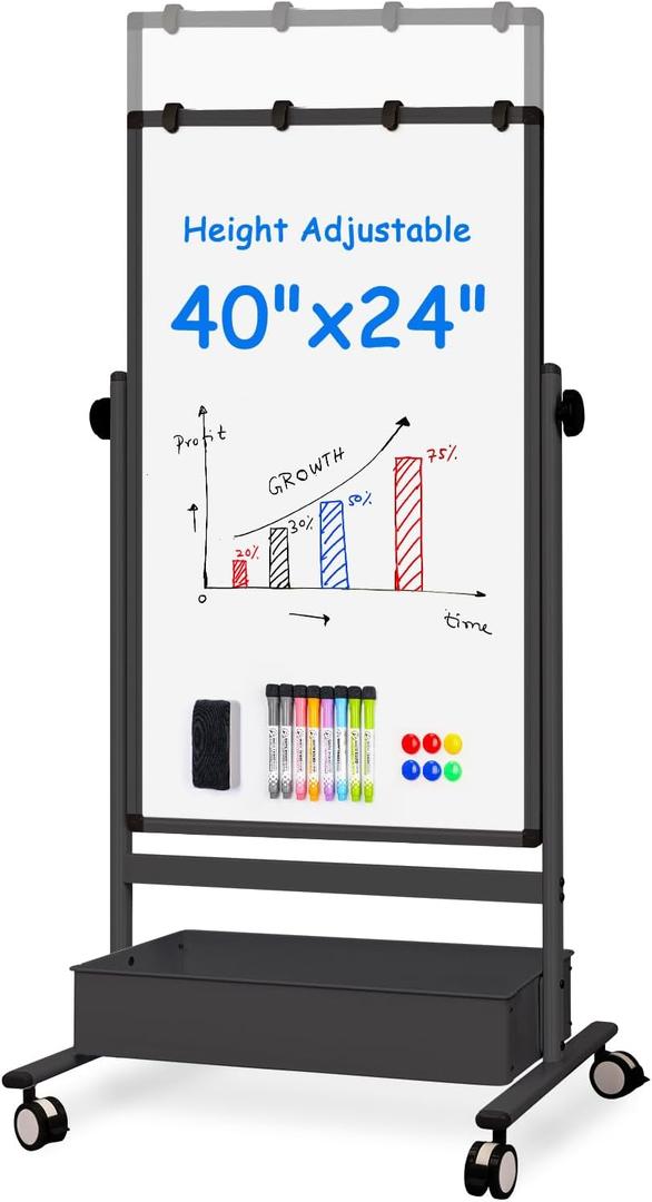 Maxtek Mobile White Board on Wheels 40x24, Magnetic Storage Easel Standing