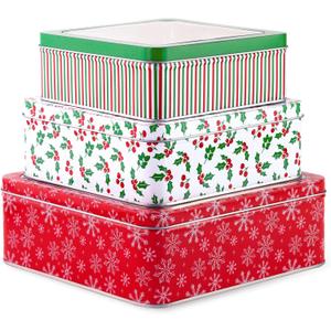 Steel Mill & Co Square Tin Containers with Lids, 3 Pack Christmas Cookie Tins, Festive Cookie Tins for Gift Giving & Holiday Treats, Metal Box Nesting Containers, Large Medium Small, Snowflake