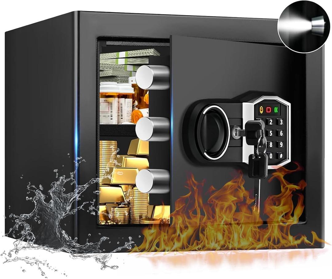 1.3 Cub Small Fireproof Safe for Home, Security Anti-Theft Fire Proof Safe Box with Spare Keys, Programmable Keypad and Alarm System, Digital Fireproof and Waterproof Safes for Document Money Medicine