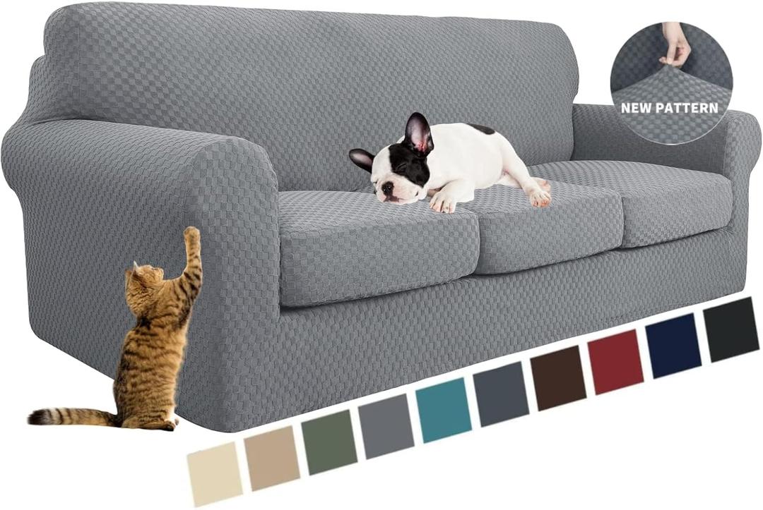 YEMYHOM Latest Checkered 4 Pieces Couch Covers for 3 Cushion Couch High Stretch Thickened Sofa Cover for Dogs Pets Elastic Slipcovers Living Room Furniture Protector (Light Gray), 71"-91"(3 Cushions)