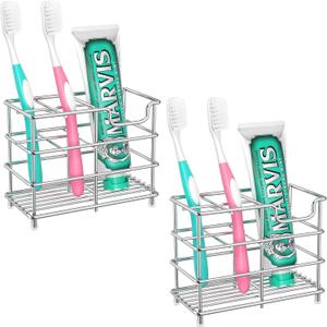 HBlife 2 Pack Small Toothbrush Holder for Bathroom, 5 Slots Silver Stainless Steel Bathroom Accessories Organizer for Small Spaces