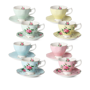 BTaT Floral Tea Cups and Saucers Set of 8 (8 oz), Porcelain Tea Cup Sets, Assorted Colors with Gold Trim & Gift Box, Dishwasher Safe