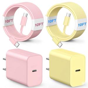 USB C Fast Charger, 2 Pack 20W USB C Wall Charger Block, 10FT 60W Long Charging Cable Cord, Phone Fast Charger for Phone 17/16/16Pro/16Pro Max/15/15 Plus/15 Pro/15 Pro Max-Pink and Yellow