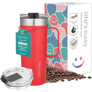 Life's Easy 20oz Stainless Steel Mug w/ Handle - Double Wall Insulated Travel Tumbler w/ Flip Lid - Leak Proof Tumbler-Thermal Cup for Coffee, Tea & More - Keep Hot & Cold Drinks (Red, 20 oz)