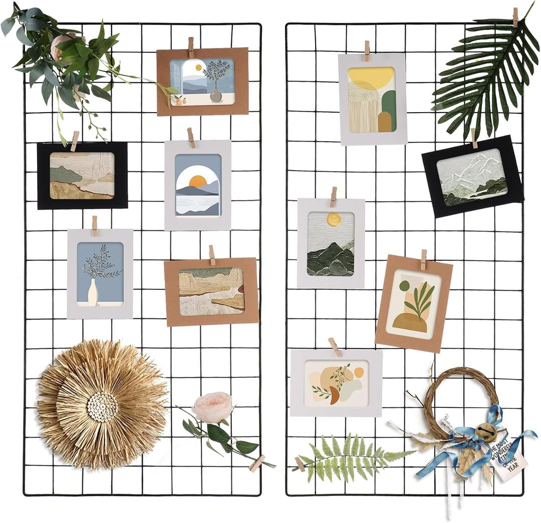 Lnrueg 2 Pack Wire Wall Grid Panel 30" x 15", Wall Grid Shelf with Photo Frames for Photo Display, Metal Mesh Message Board Memo Boards, Heavy Duty Gridwall Display Rack for Art Retail Display, 31.5"l X 15.7"w