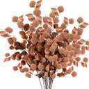 Sggvecsy 6 Pcs Fall Artificial Eucalyptus Stems Long Silver Dollar Leaves Fake Silk Eucalyptus Leaf Branches for Indoor Home Autumn Festival Thanksgiving Decor(Dark Brown)