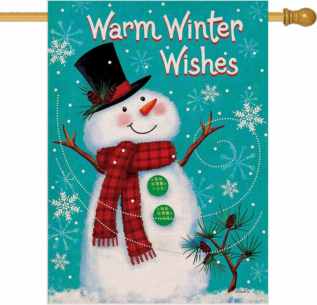 Artofy Warm Winter Wishes Snowman Home Decorative House Flag, Snowflakes Garden Yard Check Scarf Pine Tree Pinecone Outside Decor, Christmas Snow Farmhouse Outdoor Large Decoration Double Sided 28x40