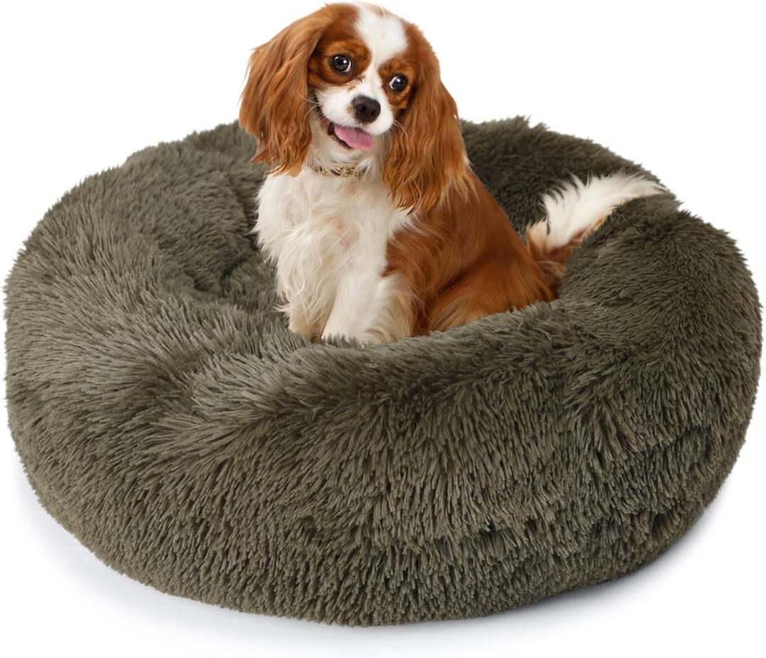 Calming Donut Dogs Beds for Small Dogs Washable, 23inch Plush Round Pet Bed for Cozy Sleep, Fluffy Faux Fur Large Cat Bed, Fits up to 25 lbs Pets, Army Green