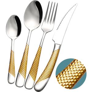 16 Piece Hammered Silver Gold Silverware Set, Modern Golden 18/10 Stainless Steel Flatware Set, Kitchen Utensil Set Service for 4, Tableware Cutlery Set, Knives Forks Spoons Set 16 Piece Hammered Silver Gold Silverware Set, Modern Golden 18/10 Stainless Steel Flatware Set, Kitchen Utensil Set Service for 4, Tableware Cutlery Set, Knives Forks Spoons Set