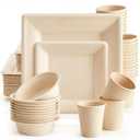 Havawish 100 Pack Compostable Paper Plates and Bowls Set, 10in & 8in Heavy Duty Sugarcane Disposable Plates 12 oz Biodegradable Cups and Paper Bowls, Party Dinner Tableware Supplies