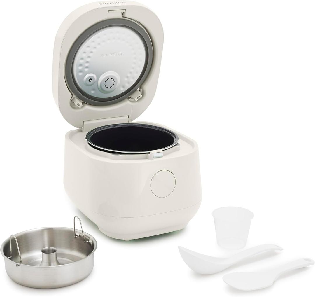 GreenPan Rice Cooker, 8 Cups Cooked (4 Uncooked), Low-Carb & Soup Mode,10 ONE-TOUCH Cooking Presets, PFAS-Free Ceramic Steamer Basket, Fuzzy Logic, Auto Keep Warm, Oats, 24HR Delay Timer, Cream