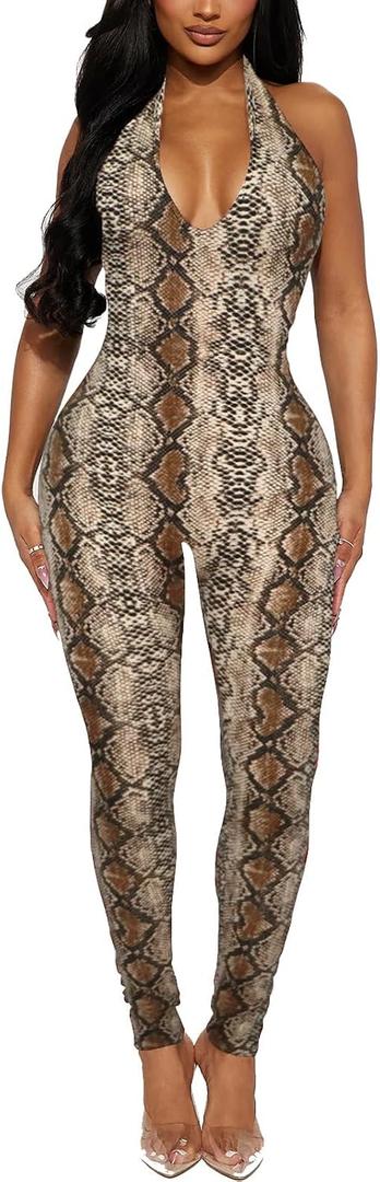 Women's Halter Bodycon Black Jumpsuits - One Piece Backless Leopard Summer Casual Workout Club Pants Rompers Outfits Catsuits, XL