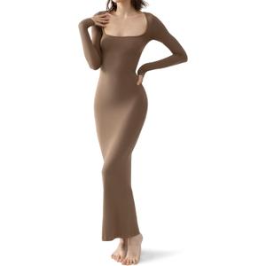 PUMIEY Women's Square Neck Long Sleeve Maxi Dress Ribbed Bodycon Dresses for Women Soft Lounge Dress (Medium, Hazelnut)