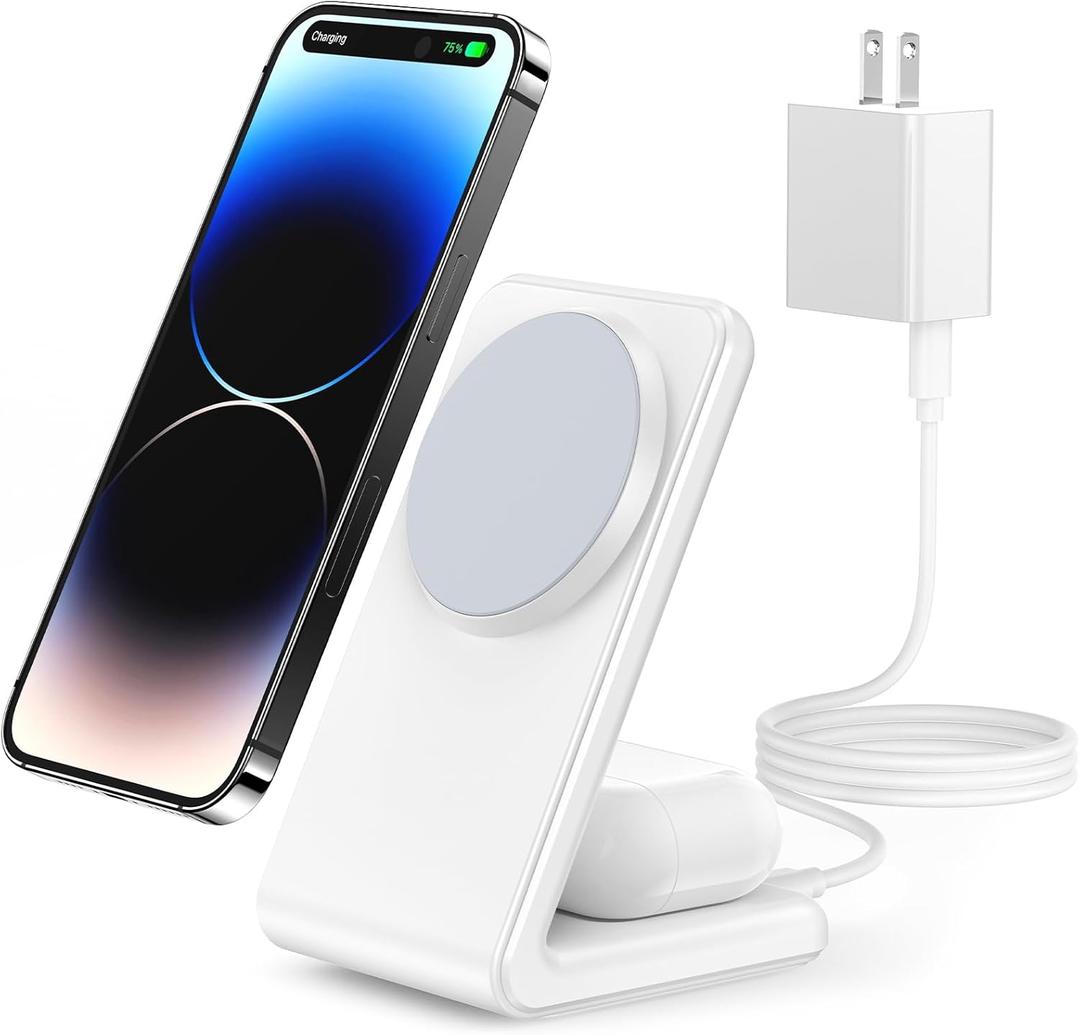 2-in-1 for Magsafe-Compatible Charger Stand with PD 20W USB-C Charger Block & Cable, Fast Charging Wireless Charger Designed for iPhone 17 Pro Max/16/15/14/13/12, AirPods 4/3/Pro 3/Pro 2/Pro, White