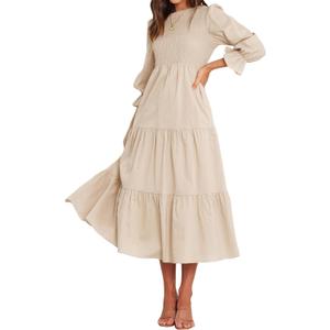 BTFBM Women Casual Long Sleeve Crew Neck Fall Dress Bohemian Relaxed Fit Floral Flowy Maxi Dresses Tiered Cocktail Dress (Medium, Solid Apricot)