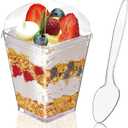 50Pack 5oz Clear Plastic Dessert Cups with Lids and Spoons, Reusable Square Parfait Appetizer Cups, Party Trifle Shooter Serving Cup, Mini Dessert Shot Glasses for Tasting