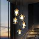 Staircase Modern Glass Globe Pendant Light,5 Light Globe Cluster Chandelier with Frosted Smoke Gray Glass Shades,Black Chandelier High Ceiling Lights Fixtures for Dining Room,Entryway