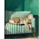 Trendy Leopard Wall Art Sleeping Cheetah on Green Striped Sofa Canvas Print, 24"L x 16"W
