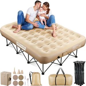 Upgraded Queen Inflatable Air Mattress with Frame, Self-Inflating Air Mattress Built in Pump Strong Support, Blow Up Queen Airbed Folding Camping Bed for Camping, Home, Guests, Portable Travel