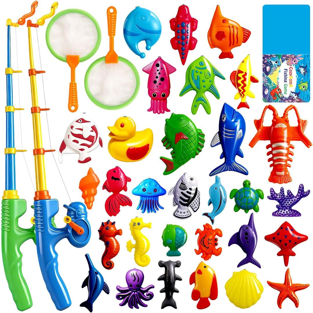 CozyBomB Magnetic Fishing Toys Game Set for Kids | Water Table Bathtub Kiddie Pool Party Pole Rod Net, Outdoor Plastic Floating Fish, Toddler Bath Color Ocean Sea Animals Birthday Gift Age 3-5 6 4-8