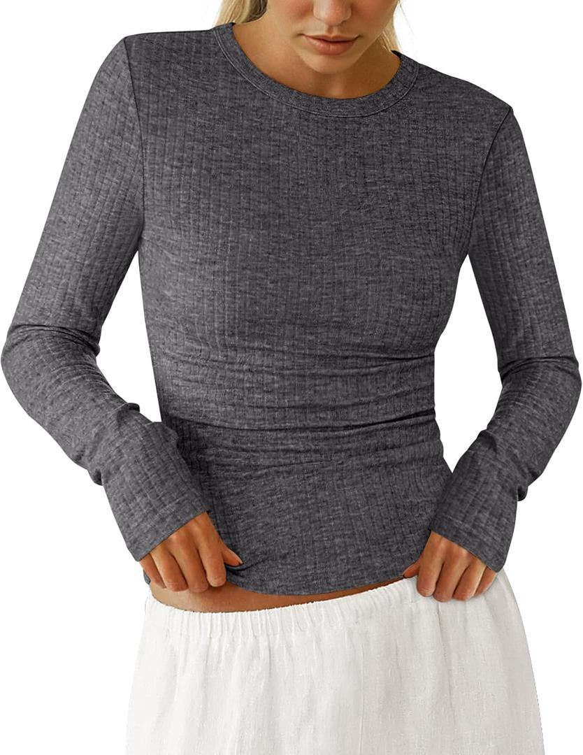 PRETTYGARDEN Womens Long Sleeve Shirts 2026 Ribbed Knit Slim Fitted Basic Tee Casual Going Out Tops Underscrubs Fall Clothing (Gray, L)