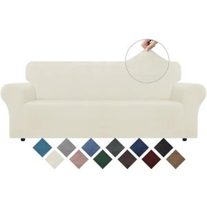 WEERRW Velvet Couch Cover for 3 Cushion Couch Covers - Stretch Sofa Slipcovers with Non Skid Foam and Elastic Bottom, Furniture Protector for Pets, Crafted from Soft Plush Fabric, Ivory, Large