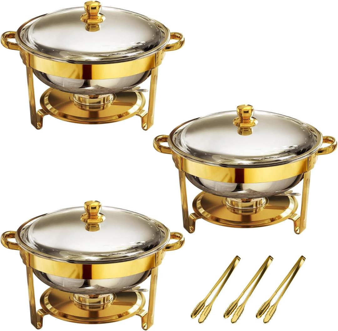 Gold Chafing Dishes for Buffet Set of 3, 5QT Round Chafing Dish Buffet Set, Chafer and Buffet Warmer Set, Stainless Steel Food Warmer for Parties Buffet, Party Food Warmer Buffet Set with Tongs Gold Chafing Dishes for Buffet Set of 3, 5QT Round Chafing Dish Buffet Set, Chafer and Buffet Warmer Set, Stainless Steel Food Warmer for Parties Buffet, Party Food Warmer Buffet Set with Tongs