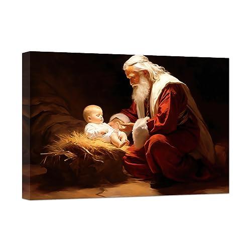 DOARTDO Nativity Canvas Print Wall Art Santa Claus and Baby Jesus Pictures Christmas Poster Wall Decor Christ Prints (16.00" x 24.00", Santa)