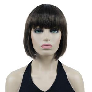 Lydell 8" Straight Short Bob Hair Flat Bangs Cute Central Dot Skin Top Heat Resistant Synthetic Wig in Light Chestnut Brown