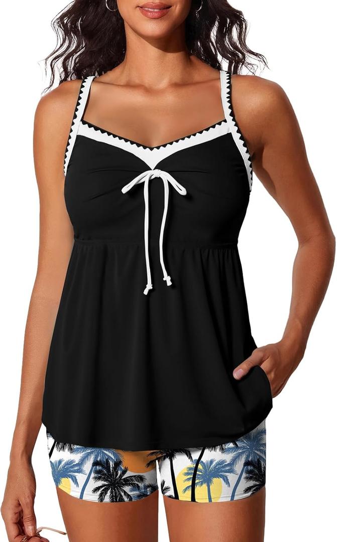 Summer Mae Two Piece Tankini Swimsuit Women Shell Stitched Bathing Suit with Pocket Shorts Tummy Control 2025 Swimwear (10, Sunset Palm Silhouette)