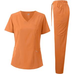 Dagacci Medical Uniform Women's Fitted Y Neck Natural Scrub Set (Orange, M)