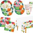 Tropical Luau Party Supplies Flamingo Party Dinnerware Set Disposable Paper Plates Napkins Cups and Tablecloth for Hawaiian Beach Party Decorations, Serve 25