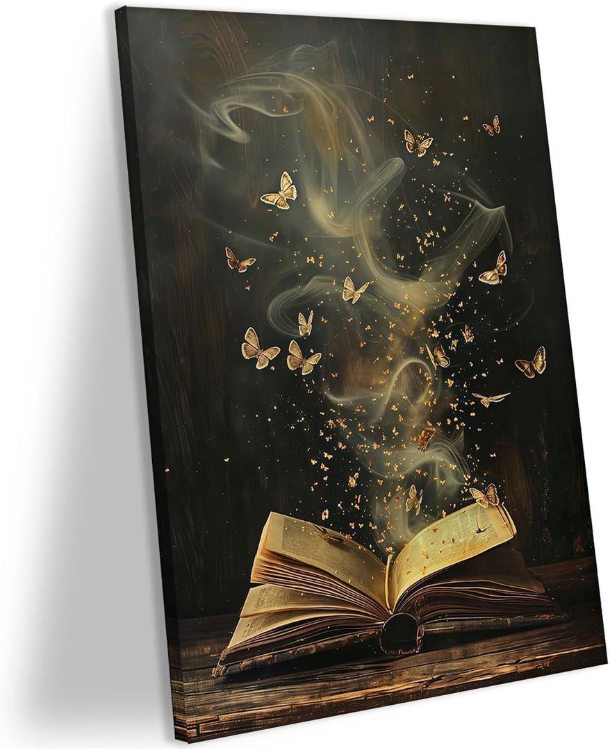 Framed Black College Style Mysterious Book Canvas Wall Art Fantasy Butterfly Poster Print Picture Artwork Magic Story Book Canvas Painting Living Room Bedroom Gallery Decor 24x16 Inch Ready To Hang