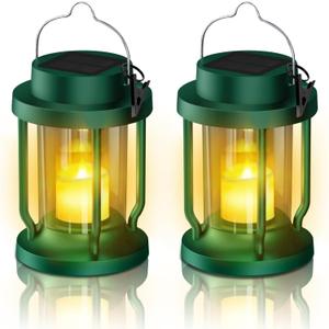 Solar Lantern Outdoor & Indoor Use – Hanging Solar Lights with Realistic Flickering Flameless Candle, Weatherproof for Gardens, Patios, Trees, and Lawns (Green, 2 Pack)