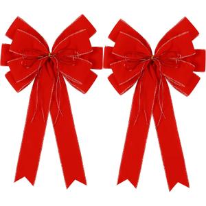 2 Pack Red Christmas Bows Outdoor Decorations,12x20 Large Velvet Wreath Bow with Glitter String Gold Edge for Xmas Tree Topper Home Front Door Decor