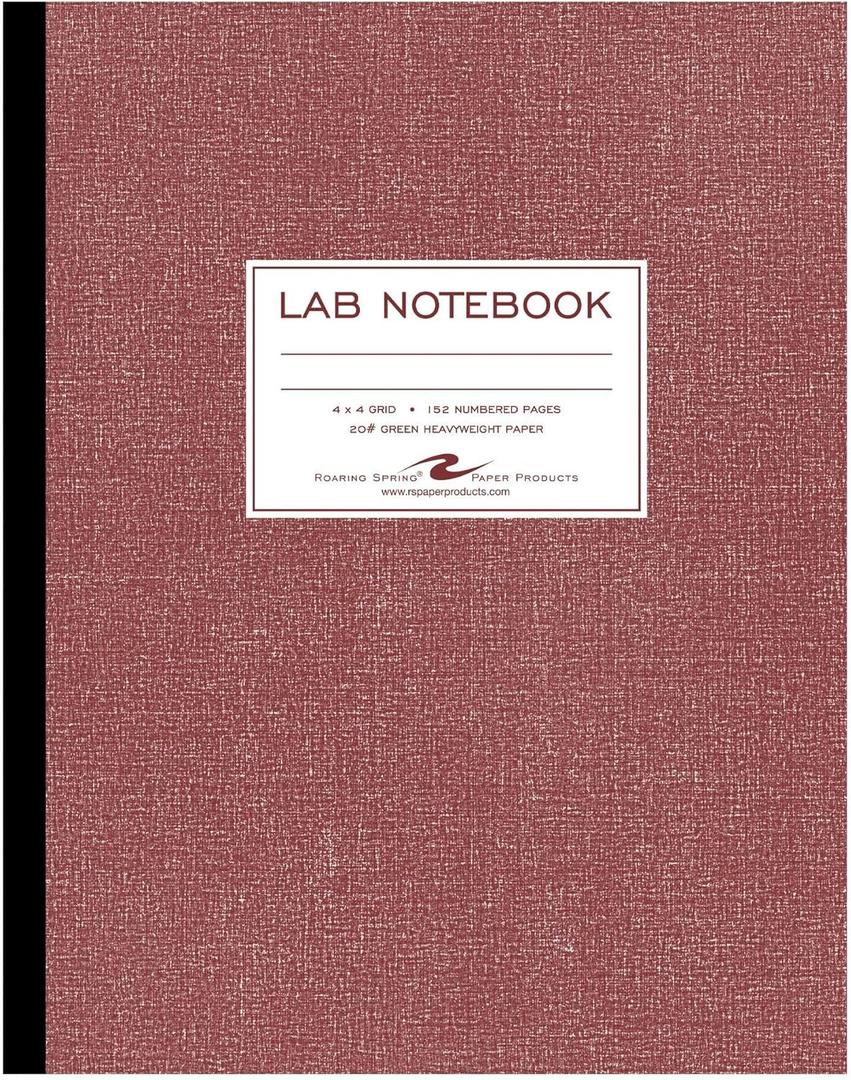 Roaring Spring Oversize Lab Book with Numbered Pages, 4x4 Grid Ruled, 11.75" x 9.25", 76 Sheets/152 Numbered Pages of premium 20 lb Green Paper, Red Board Cover