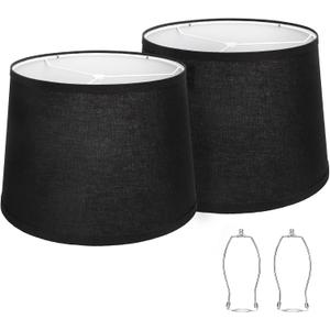 Lampshades Set of 2, Black Fabric Lamp Shades 11.6" Top x 12.6" Bottom x 9.8" High Drum Lampshades for Table Lamps, Floor Lamps, Pendant Light, E26 Base Harp Holders Included