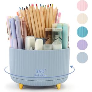 SKYDUE 360 Degree Rotating Desk Organizer, Dual-Purpose Pencil Pen Holder, Rotating Desk Pen Organizer with 5 Slots, Pencil Cup for Office, School, Home (Airy Blue)