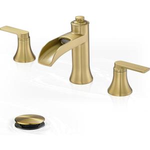 Brushed Gold Bathroom Faucet, 8 Inch Waterfall Bathroom Sink Faucet, Brass Widespread 3 Hole Bathroom Faucets, 2 Handles Faucets for Bathroom Sinks with Pop-up Drain for Vanity