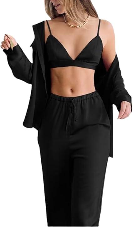 THLAI Women 3 Piece Sets Satin Loose Fit Long Sleeve Shirt and Wide Leg Pants with Matching Bra Sets Sexy Lounge Outfits  XL