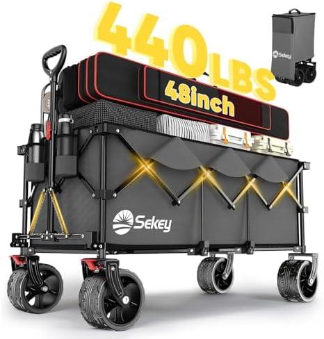 Sekey 48''L Collapsible Foldable Extended Wagon with 440lbs Weight Capacity, Heavy Duty 300L Folding Utility Garden Cart with Big All-Terrain Beach Wheels & Drink Holders. Grey