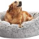 Bedfolks Calming Donut Dog Bed, 36 Inches Round Fluffy Dog Beds for Large Dogs, Anti-Anxiety Plush Dog Bed, Machine Washable Pet Bed (Light Grey, Large)